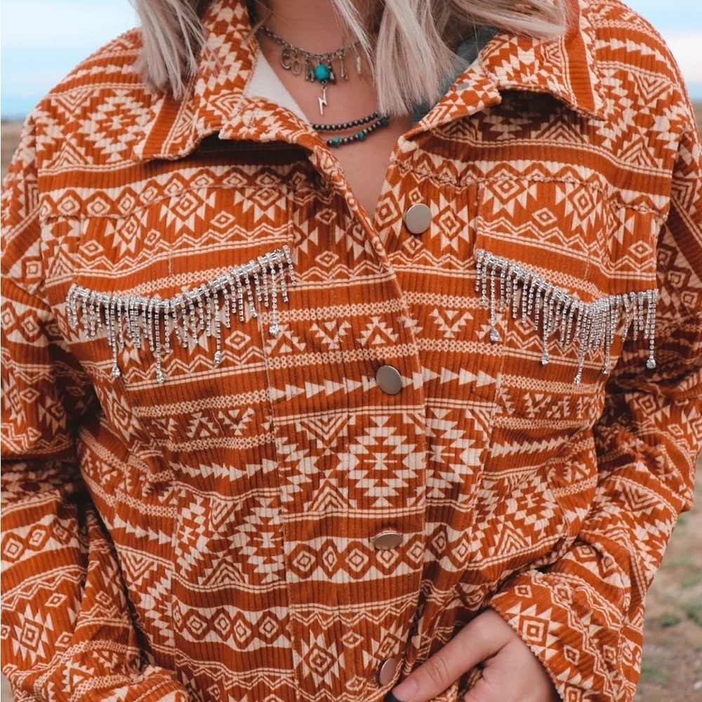 Savanna Jane Utility Jacket Orange and White Aztec Design